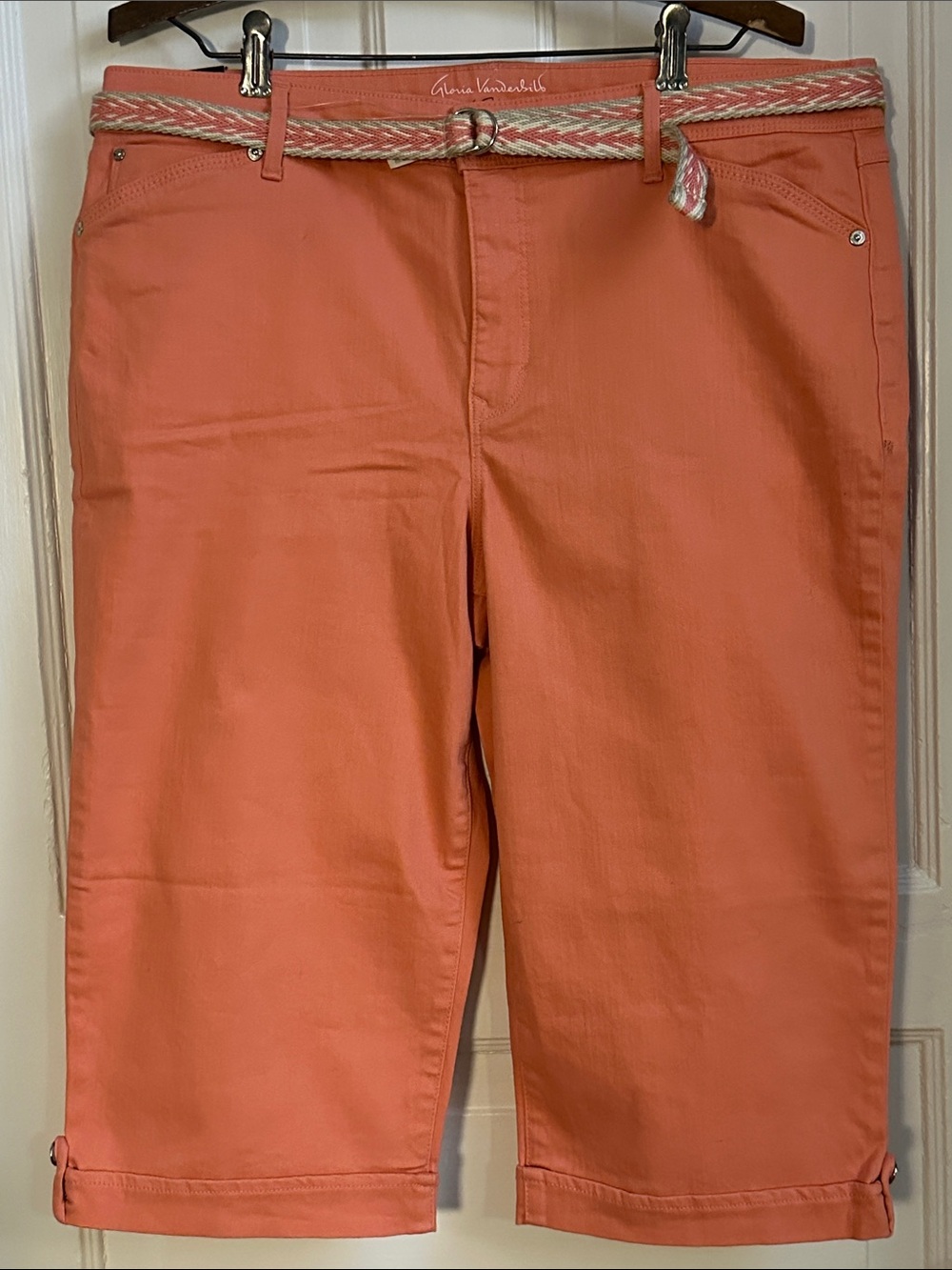 Gloria Vanderbilt Coral-Orange Skimmer Slimming Capri Chinos with Woven Belt